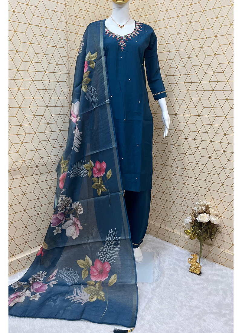 Roman Silk Modal Straight Suit Set with Foil Print, Embroidery and Chanderi Dupatta for Women
